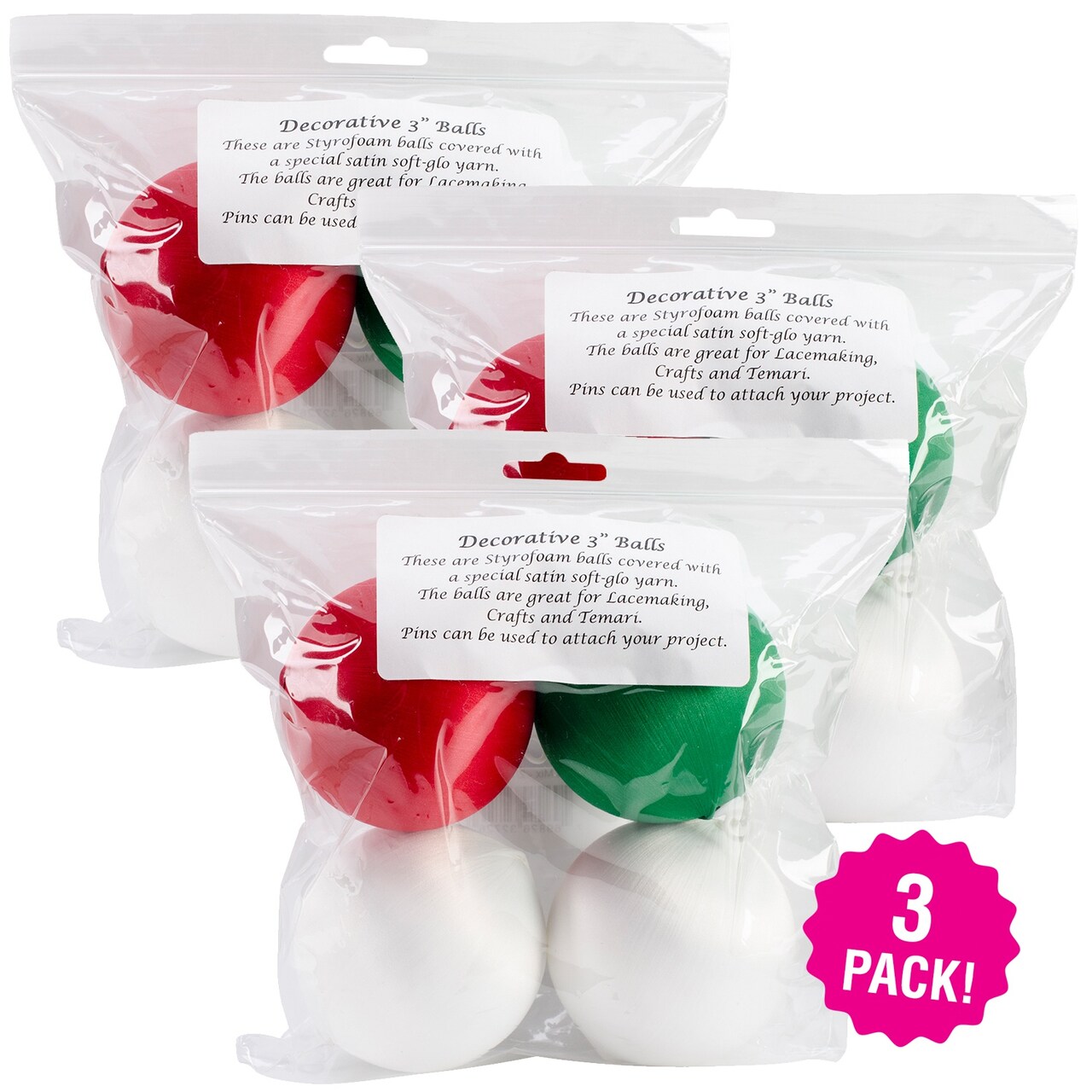 Multipack of 3 - Handy Hands Decor Satin Covered Styrofoam Balls 3" 4/Pkg-2 White, 1 Red & 1 Green